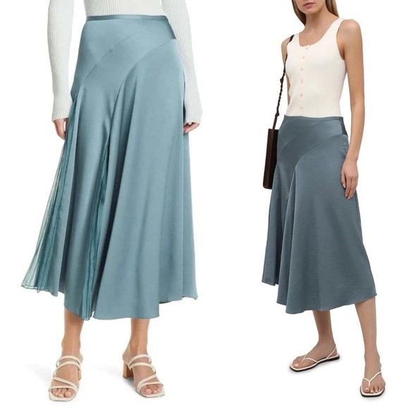 Vince Satin Midi Skirt 4 Pleated Mixed Media Asymmetrical - Picture 4 of 16